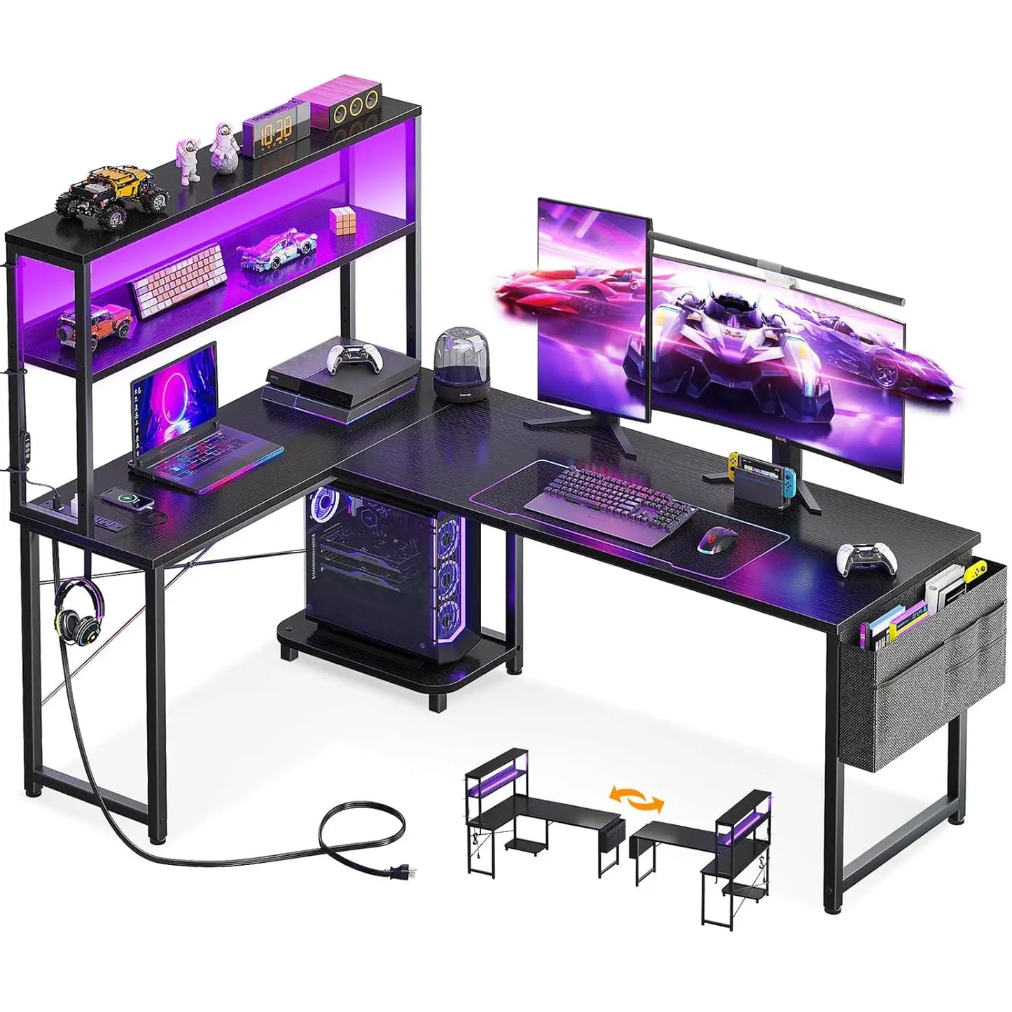 L Shaped Desk Gaming Desk with LED Light & Power Outlet, 61 Inch Reversible L Shaped Computer Table with Shelf,