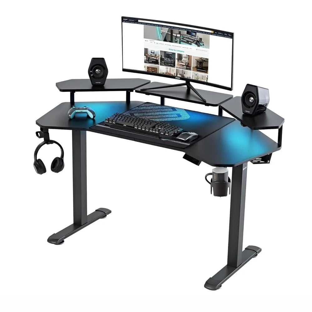 Electric Standing Desk, Height Adjustable Computer Gaming Desk with LED Monitor Shelf,