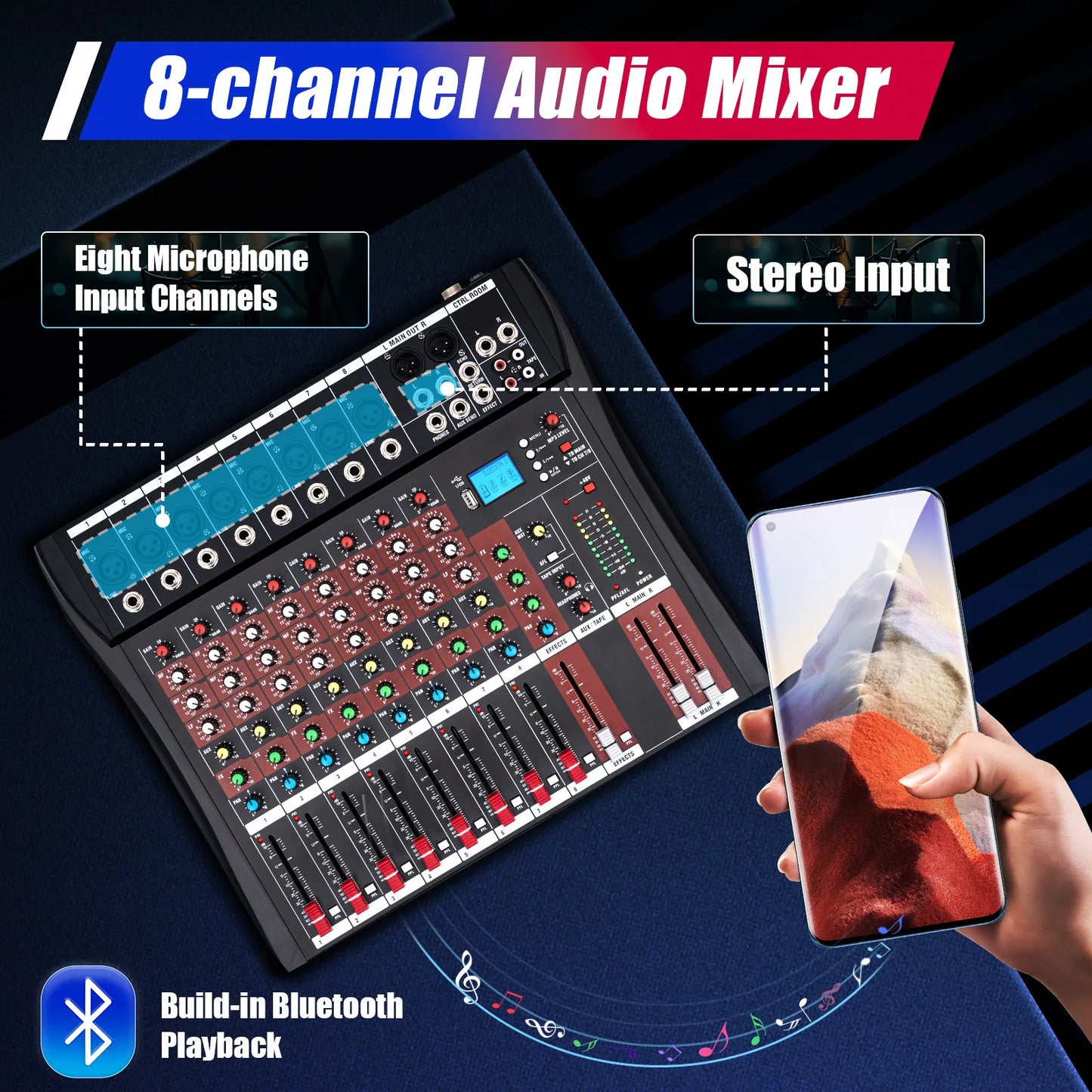 Bymaocar Professional Audio Mixer With Bluetooth USB Recording