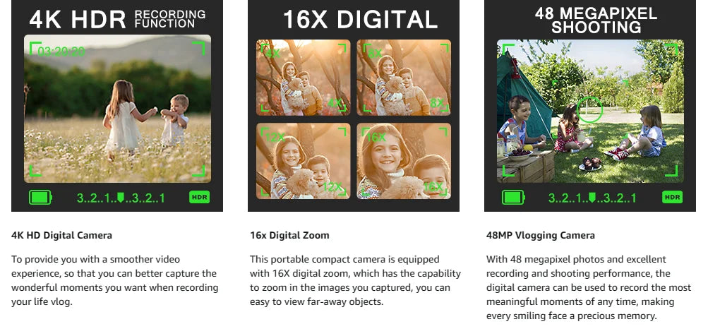 NBD 4k digital camera with optical image stabilization and wide angle lens