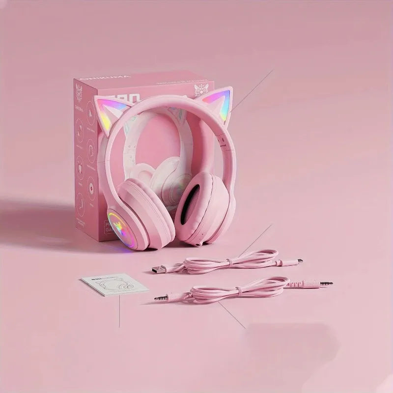 Onikuma B90 Pink Cat Ear Gaming Headset RGB Bluetooth 5.0 Foldable Wireless Headphones With HD Mic For PC Laptop Mobile Gaming **Ships from China**