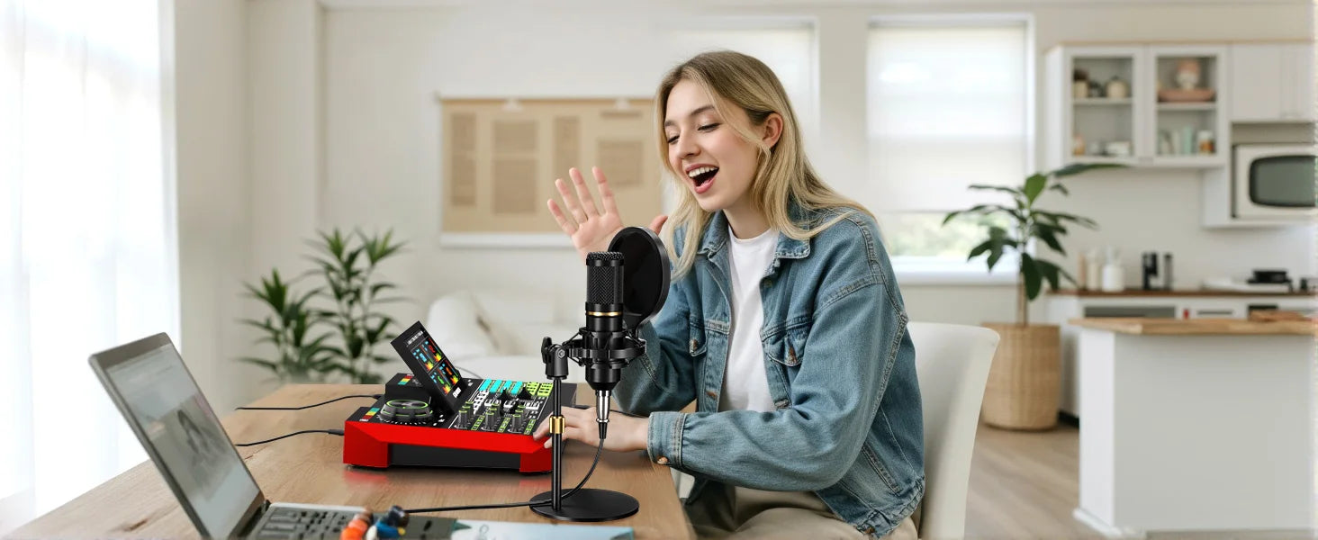 Portable red audio mixer bundle by Perfect Take Gear with condenser mic and pop filter for podcasting