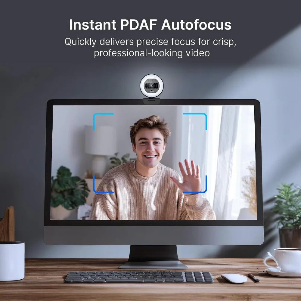 4K Webcam with Ring Light, PDAF Autofocus, 1080P@60FPS, Dual Mics, Privacy Shutter for Streaming & Meetings