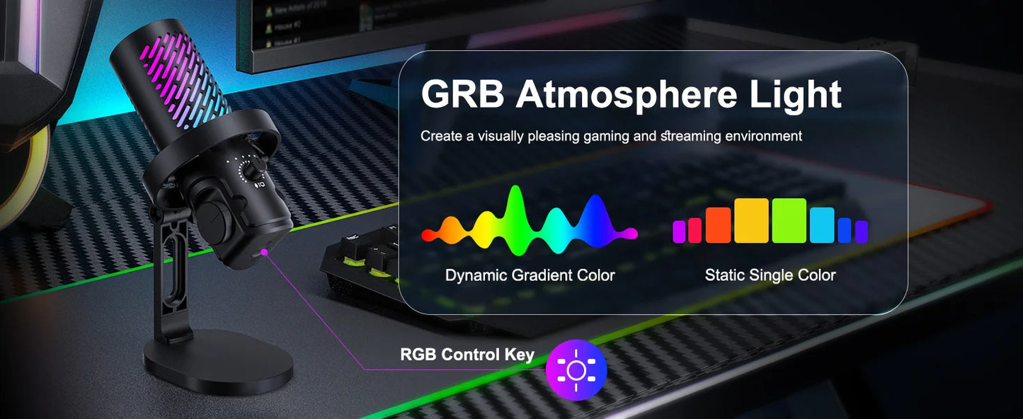 Tenlamp CG1 RGB USB condenser microphone on a desk stand with black finish and RGB lighting