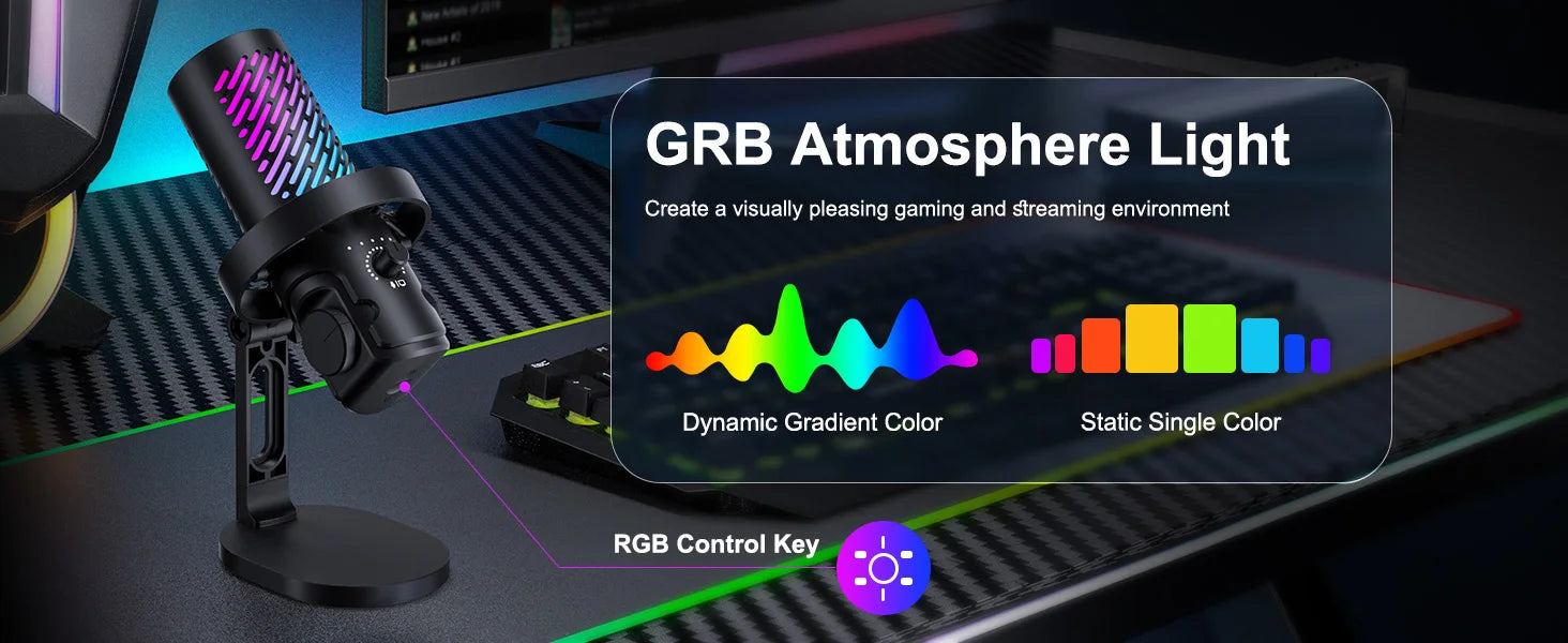 Tenlamp CG1 RGB USB condenser microphone on a desk stand with black finish and RGB lighting