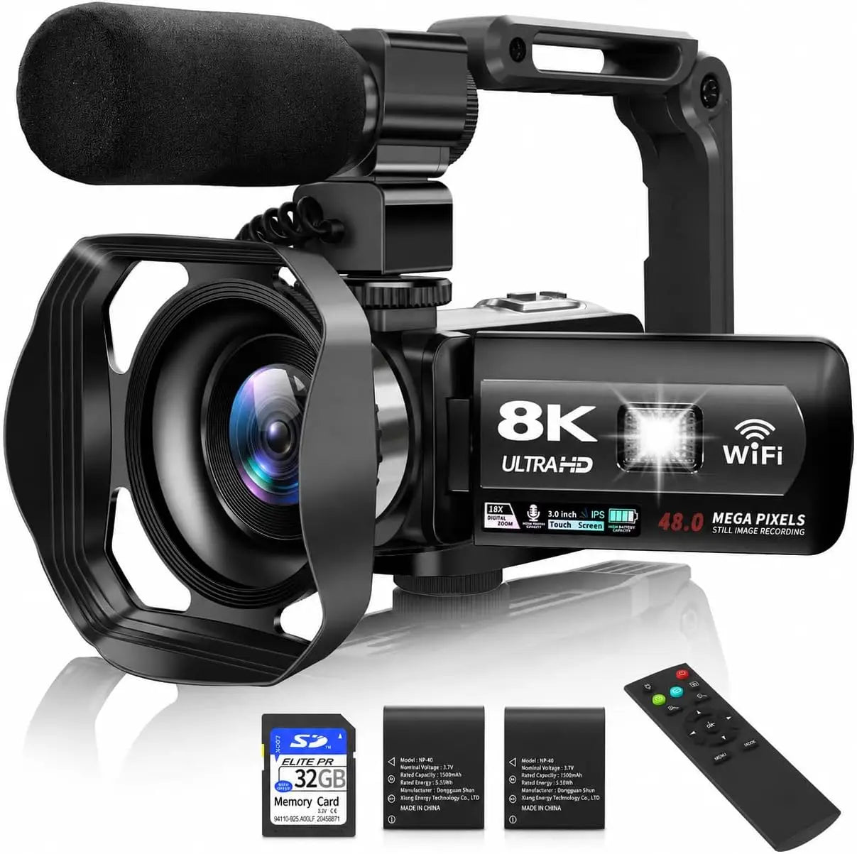 8K UHD Camcorder for Vlogging, YouTube, 48MP Video Camera with IR Night Vision, WiFi, 3-Inch Touch Screen, 18X Digital Zoom, Fill Light, Microphone, Stabilizer, Remote, and 2 Batteries