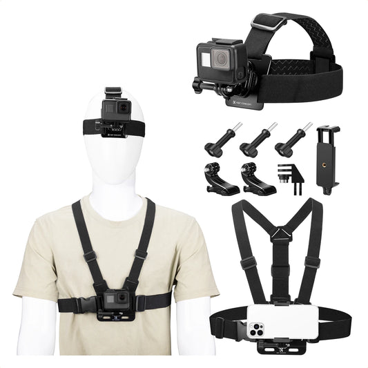 K&F CONCEPT Head Strap & Chest Mount Set for GoPro HERO DJI Osmo Action 5 Pro 4 Cameras Quick Release Adjustable Accessories Kit