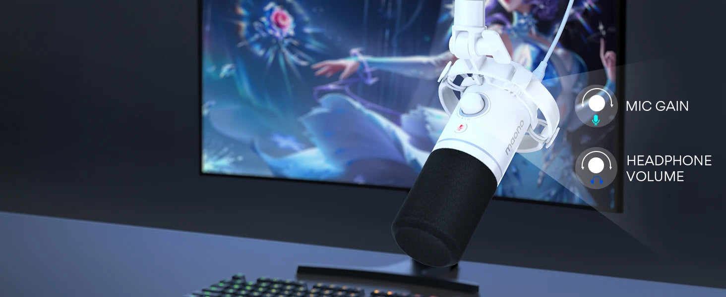 Maono PD200X dynamic RGB gaming microphone with USB/XLR dual mode, white body and black foam windscreen