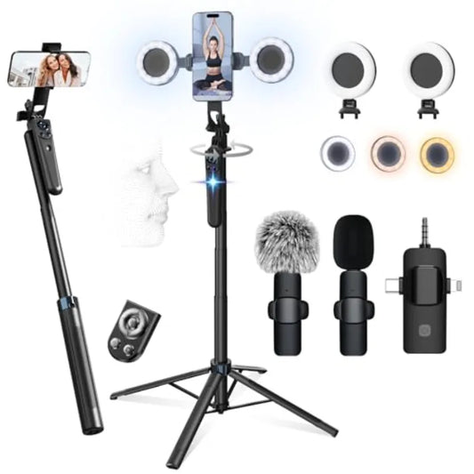 71" Content Creator Essentials Vlogging Kit - 2 Lights and 2 Mics 360° Rotating Auto Face Tracking Tripod for iPhone/Android/Ca