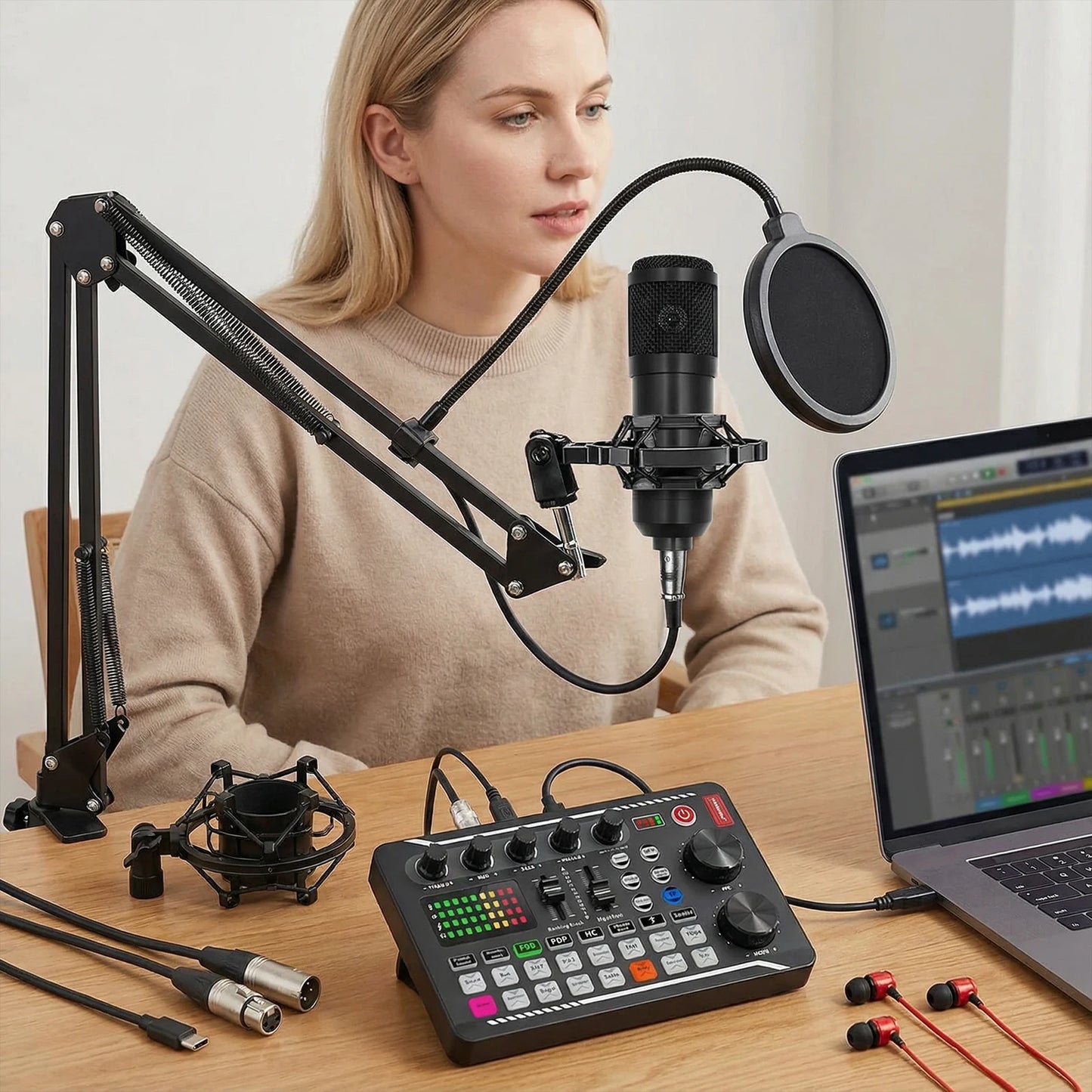 Condenser Microphone With Sound Card Audio Mixer For Live Streaming