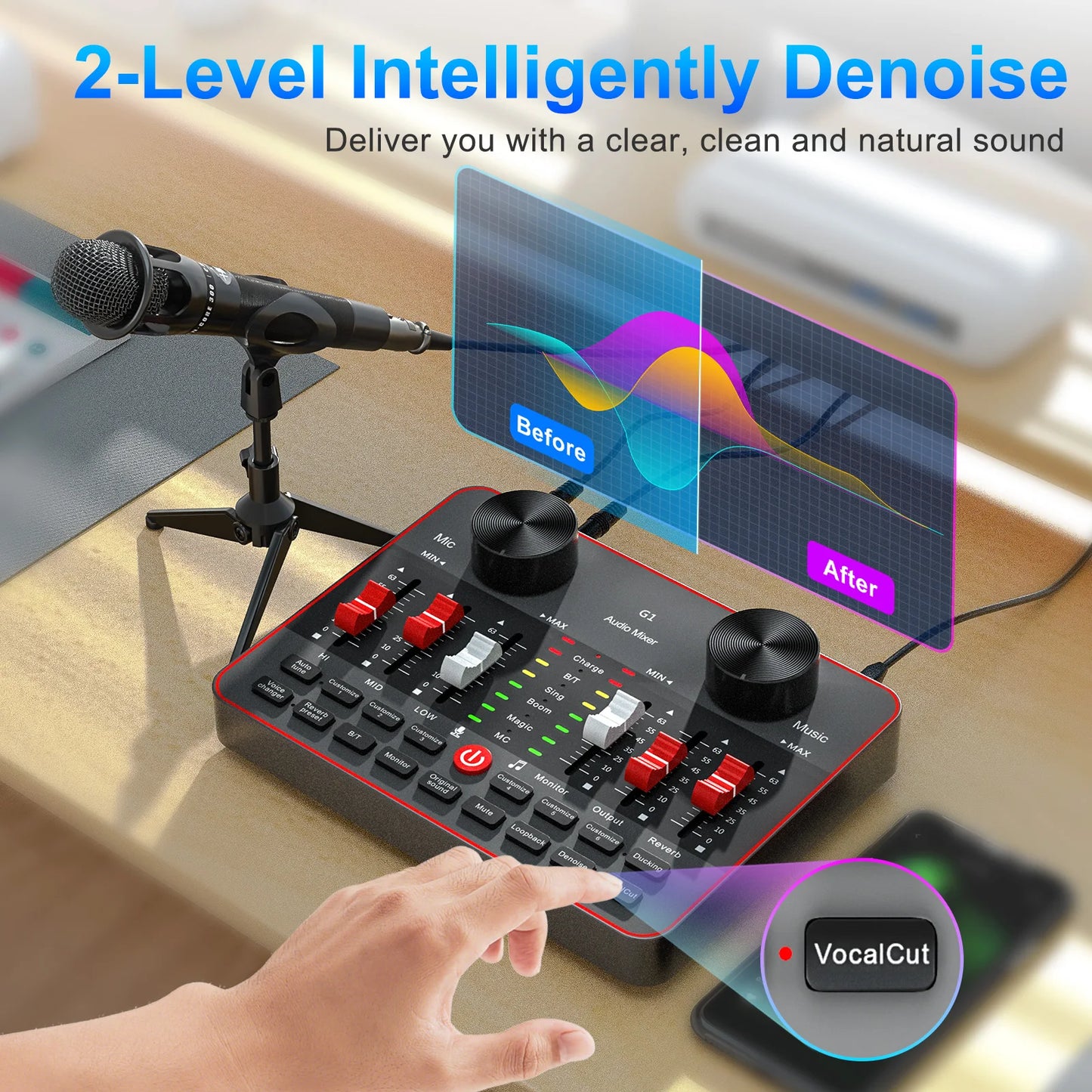 Podcast Equipment Bundle, All-in-One Audio Interface DJ Mixer with 2 Condenser Microphones, Recording Studio Kit Live Sound Card for Singing Broadcast, Live Streaming, Gaming