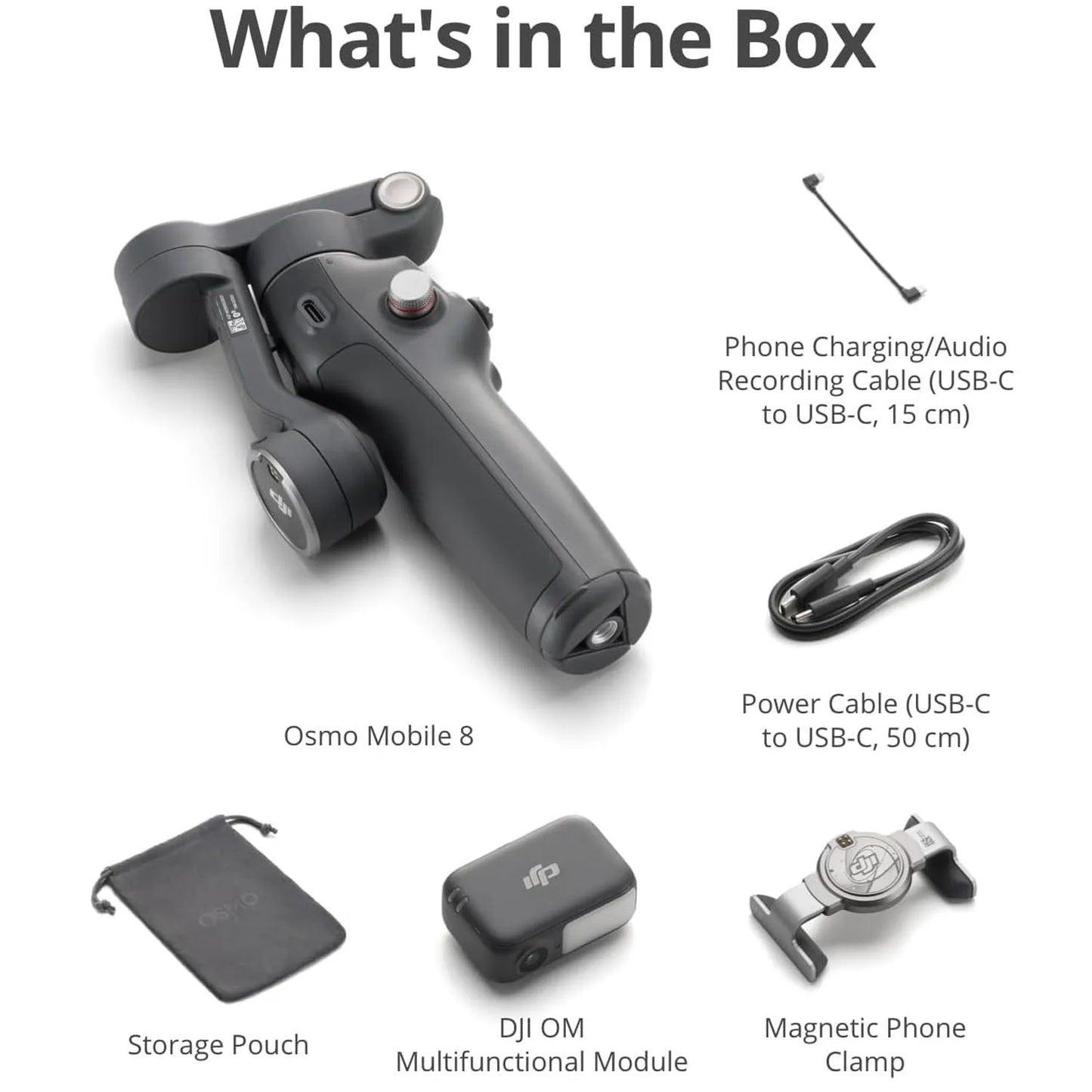 DJI Osmo Mobile 8 gimbal stabilizer with AI tracking and lighting; magnetic phone clamp and USB-C cables