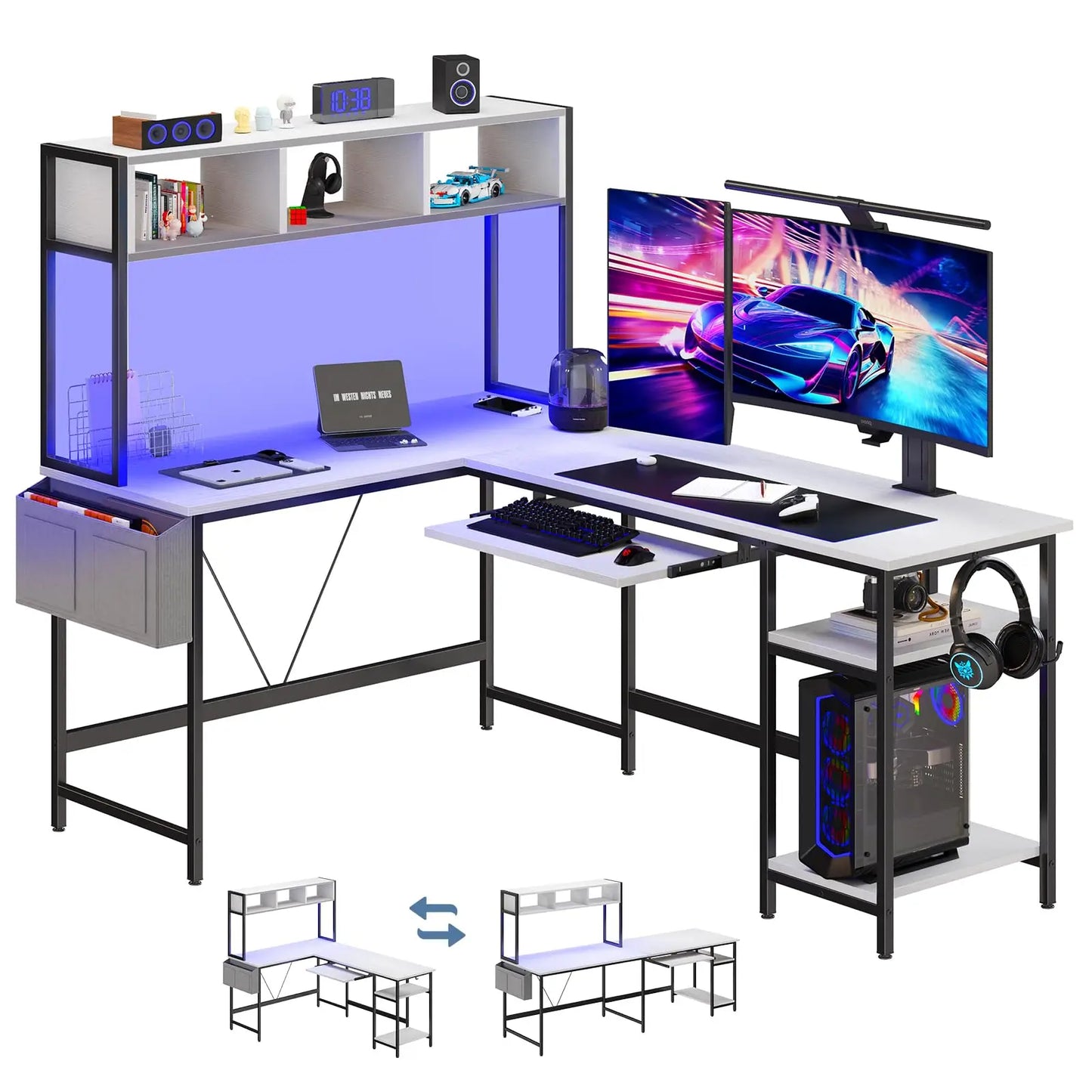 JHK 67in L-shaped gaming desk with LED lighting, keyboard tray, and storage shelf on a black metal frame.