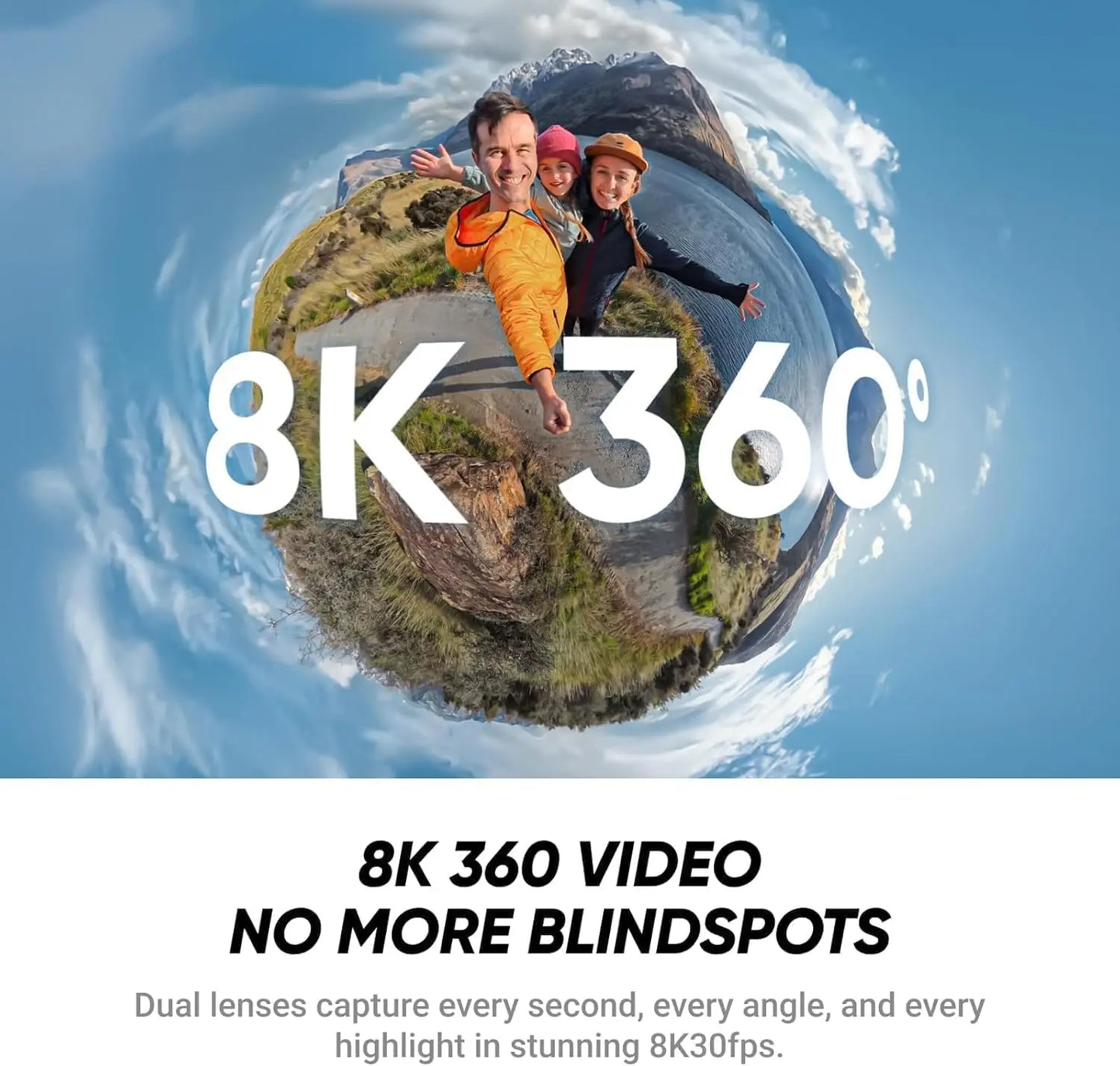 Waterproof 360 video camera with wireless selfie stick and lens cover