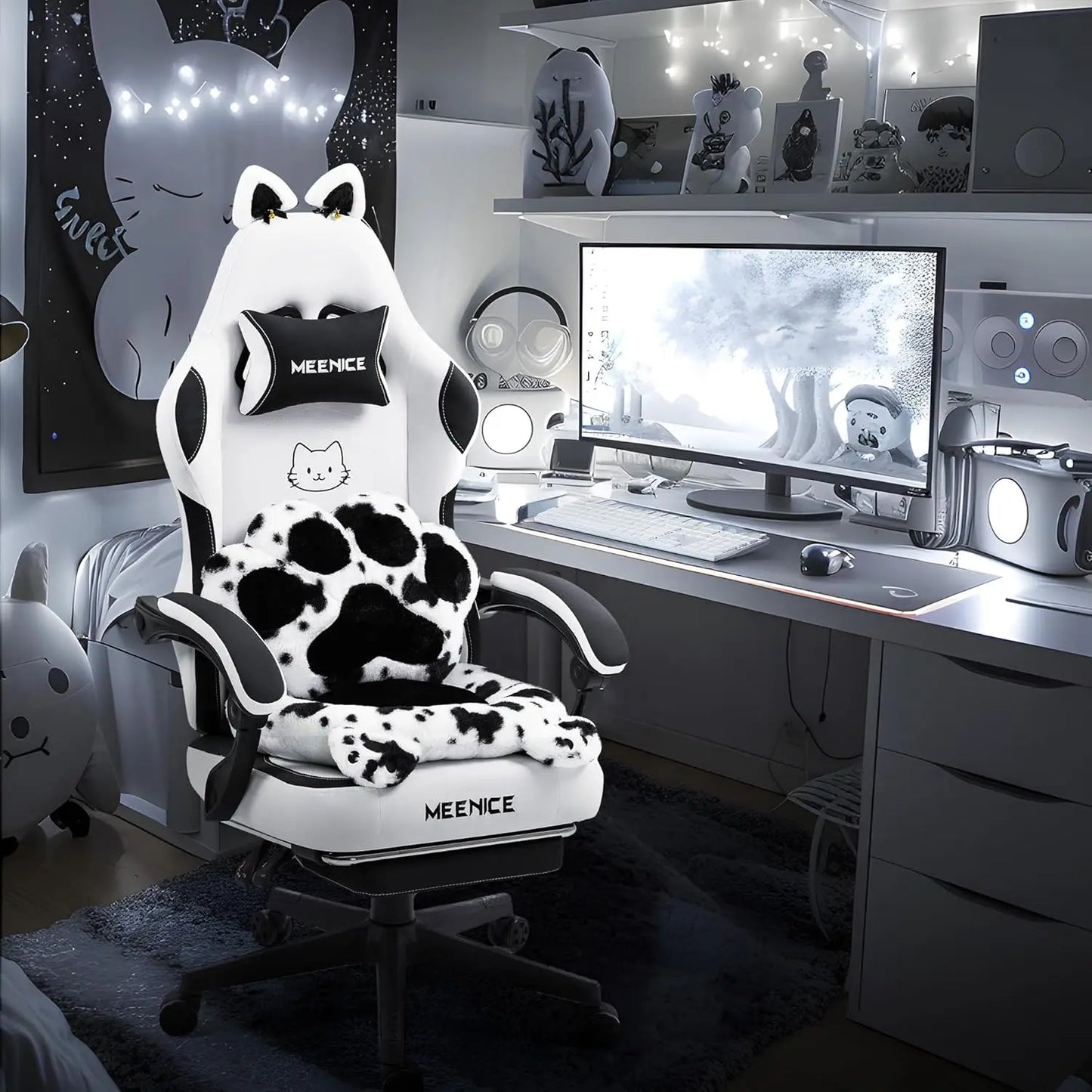 Pink Cute Gaming Chair with Cat Ears & Paw Lumbar Cushion, Ergonomic Reclining Computer Chair with Footrest, Customized Multiple Colors