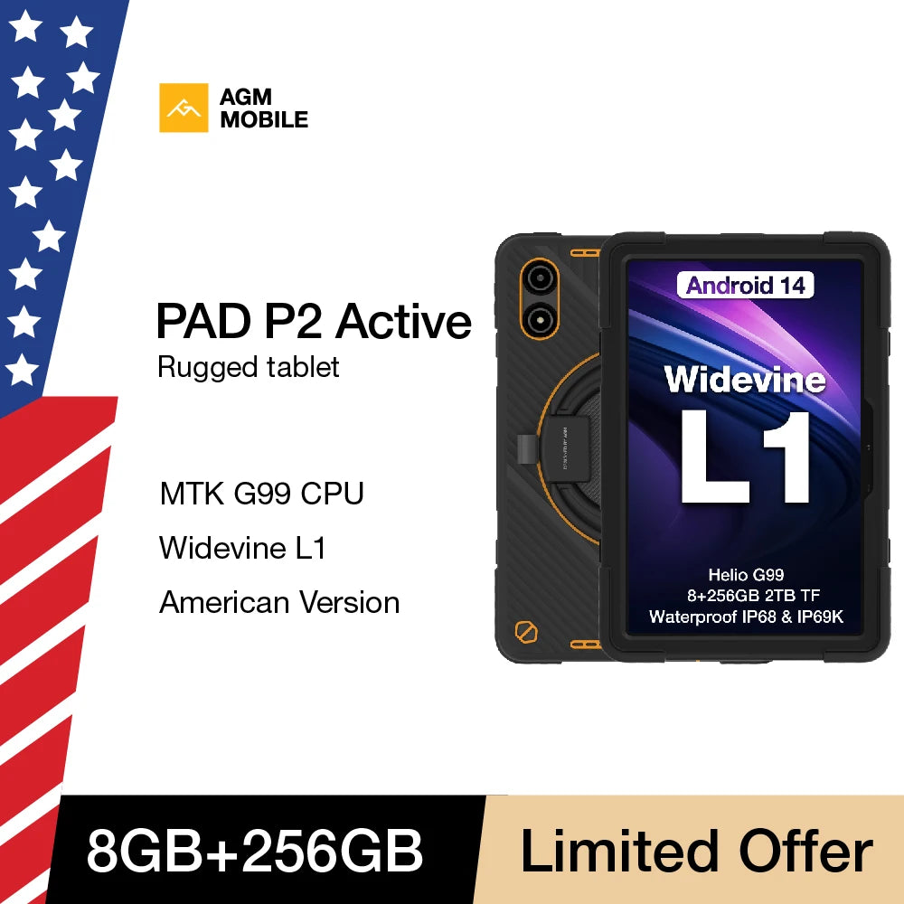 American Version AGM PAD P2 Active 11” FHD Rugged Tablet P2W Waterproof, Drop-proof, 8GB+256GB, Android 14, G99, Widevine L1