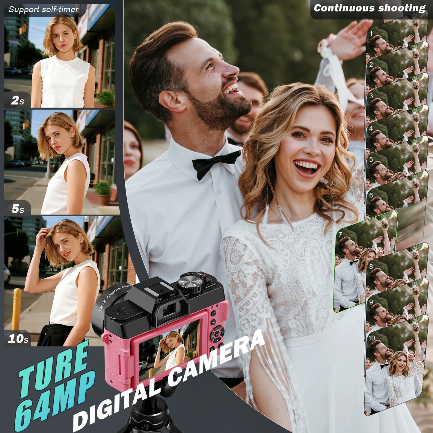 NBD 64MP&8K Video/Vlog Photography Digital Camera Pink Body with App Control Auto Focus Camera  ** SHIPS FROM CHINA **