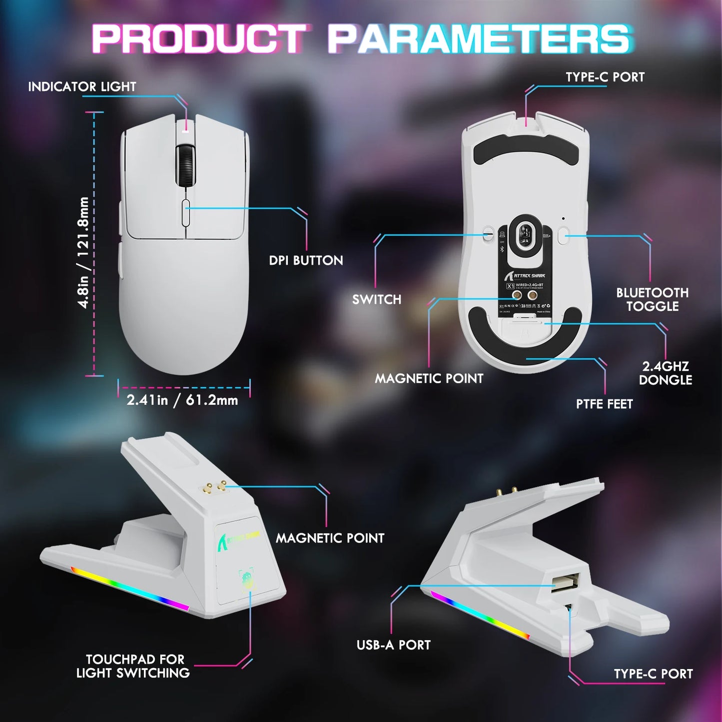 ATTACK SHARK X1 Ultralight Wireless Gaming Mouse with Magnetic RGB Charging Dock,PixArt PAW3395 Pro Sensor,40000DPI for PC/Mac