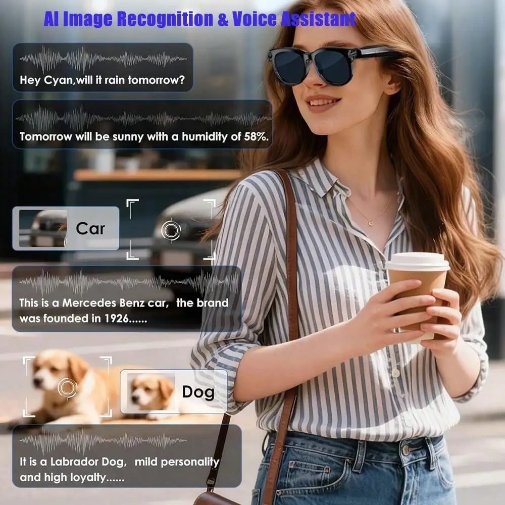 SENBONO New AI Smart Glasses for Men Women 2MP HD Camera 1080P 4K Video AI Voice Assistant Translator Music Playback Sunglasses