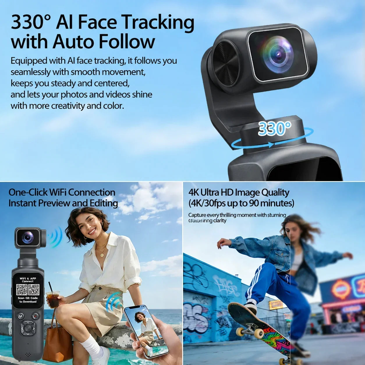 4K Action Camera With 330° Face Tracking Gimbal Stabilizer 1.72 Inch Touch Screen 64MP Pocket Digital Camera WiFi Sports Cam ** SHIPS FROM CHINA**