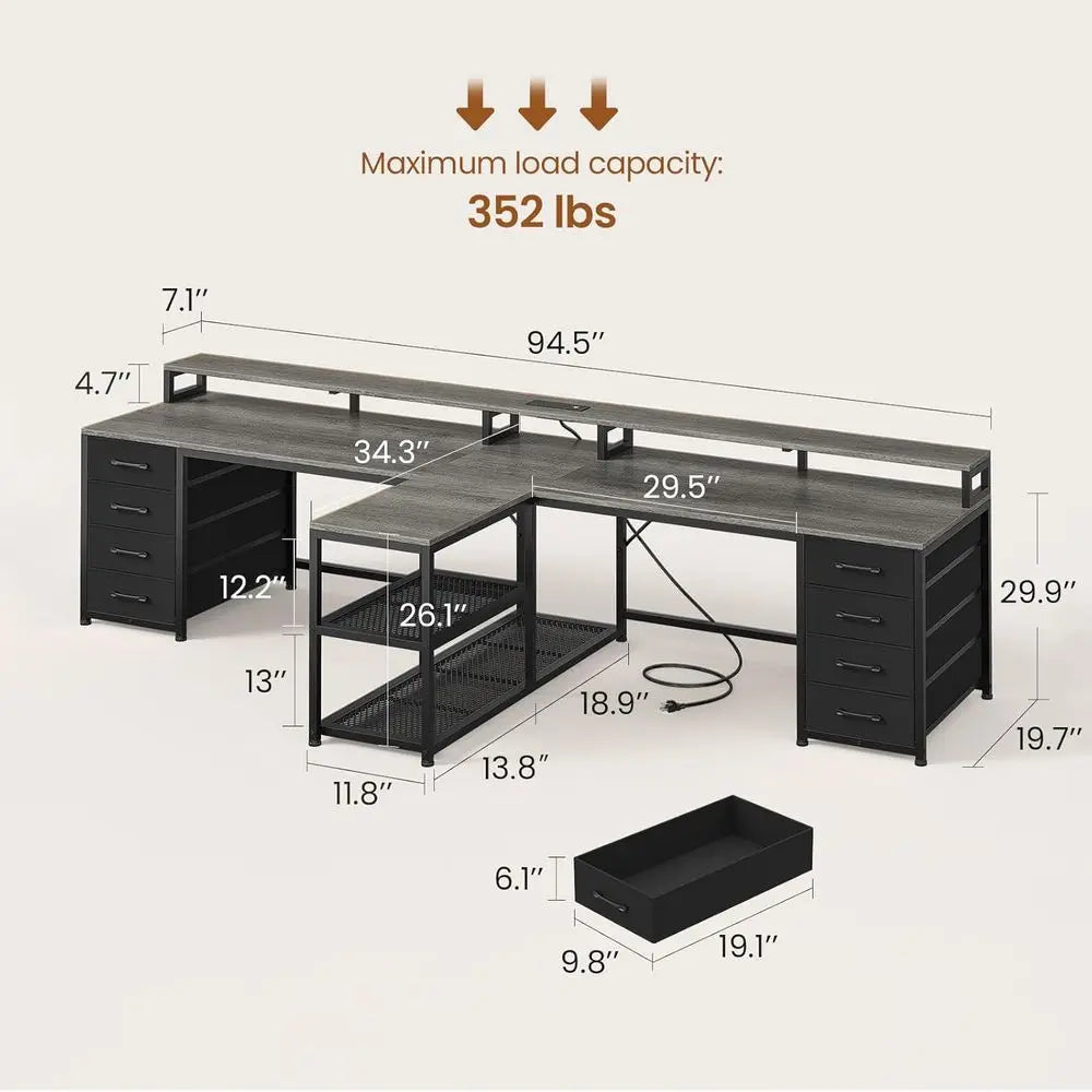 94.5-inch two-person gaming desk with LED lights; dark wood top, black frame, end drawers, central shelf, plus a small storage tray.
