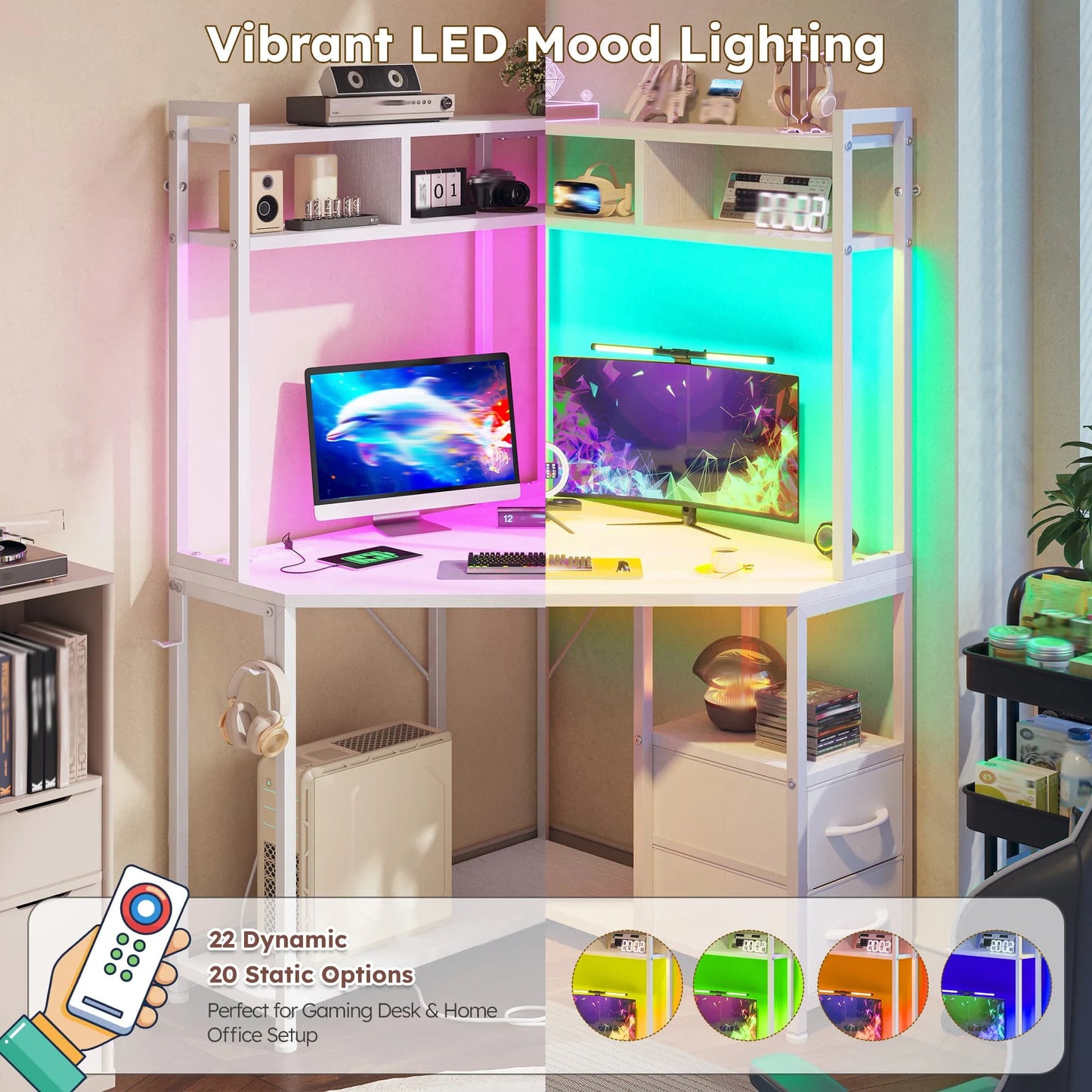 Corner Computer Desk with Power Outlets & LED Lights Gaming Desk with Storage Drawers & Shelves and Hook for Small Space