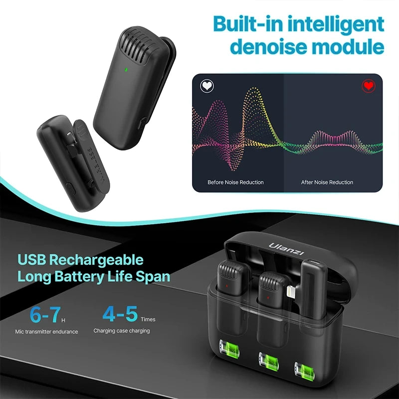 Ulanzi J12 Wireless Lavalier Microphone Lapel Mic Set Short Video Recording Mini Mic For iPhone 16 15 14 Android Live Broadcast