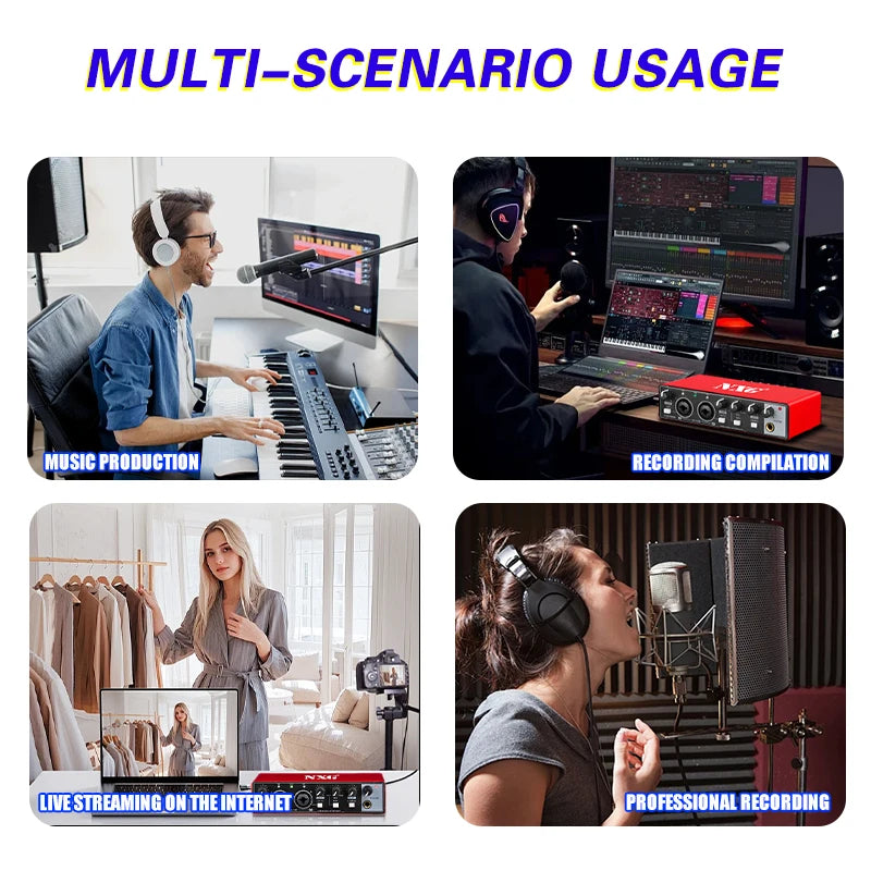 NXG MD21 USB audio interface with 24-bit mic input; four-scene collage shows music production, recording, streaming.