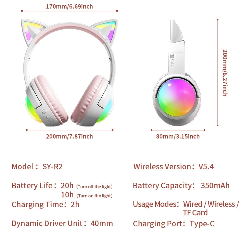 Cute Cat Ear RGB Wireless Headphones, Bluetooth 5.4, 350mAh Battery, 20H Playtime, Foldable Over-Ear Headset with Mic, HiFi Sound Multiple Colors