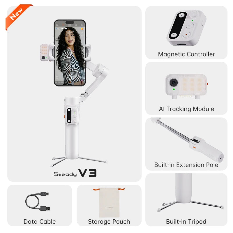 Hohem V3 Smartphone Stabilizer Ai Face Tracking 3-Axis Phone Gimbal Built-in Selfie Stick Portable for Shoot Video Vlog