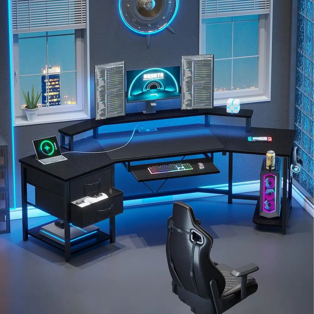 79 Inch L Shaped Gaming Desk With Carbon Fiber Top And Led Lights