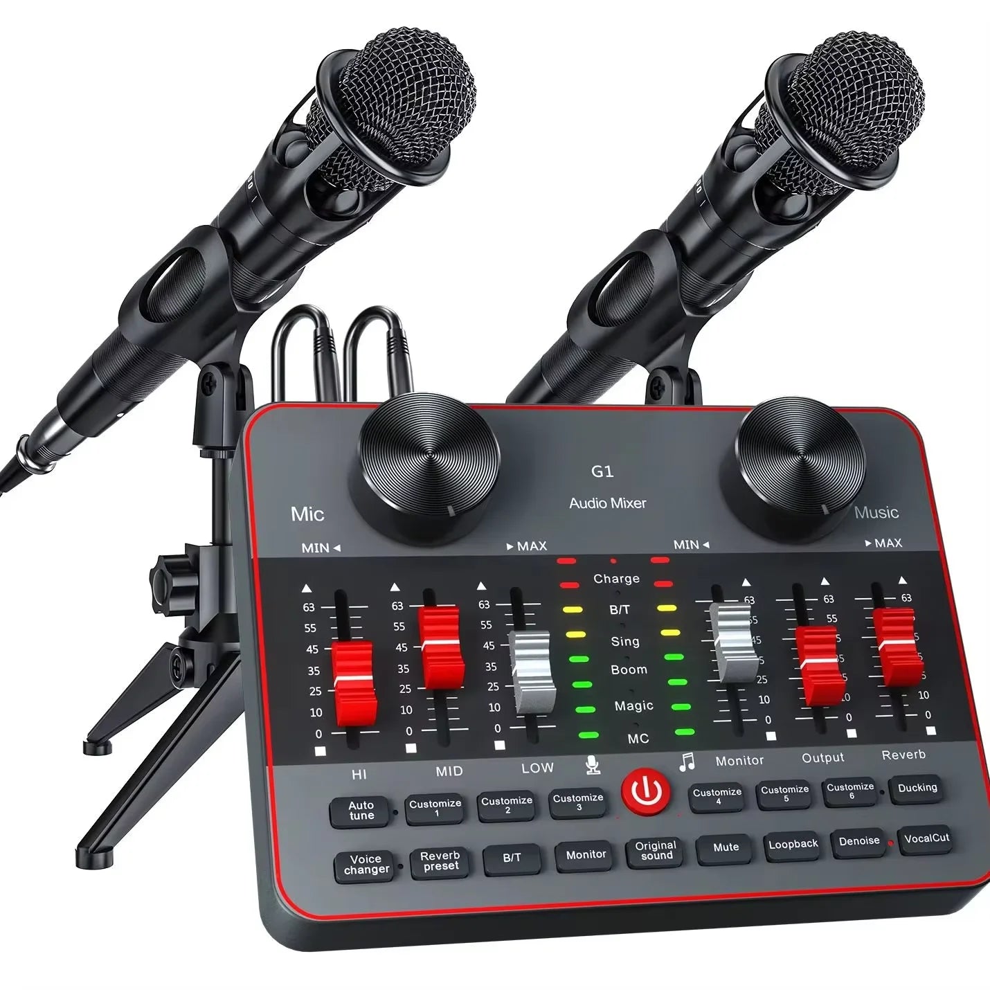 Live Sound Card 6 Channel Audio Mixer with Two 3.5mm Condenser Microphone, Professional Podcast Influencer KOL Singing Gaming DJ Mixing Station Controller Equipment