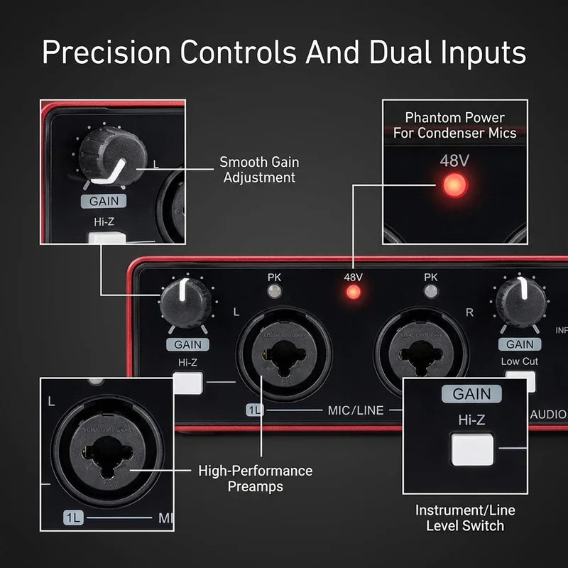 Nxg MD21 USB audio interface, black with red trim; dual inputs, 24-bit, phantom 48V, Perfect Take Gear