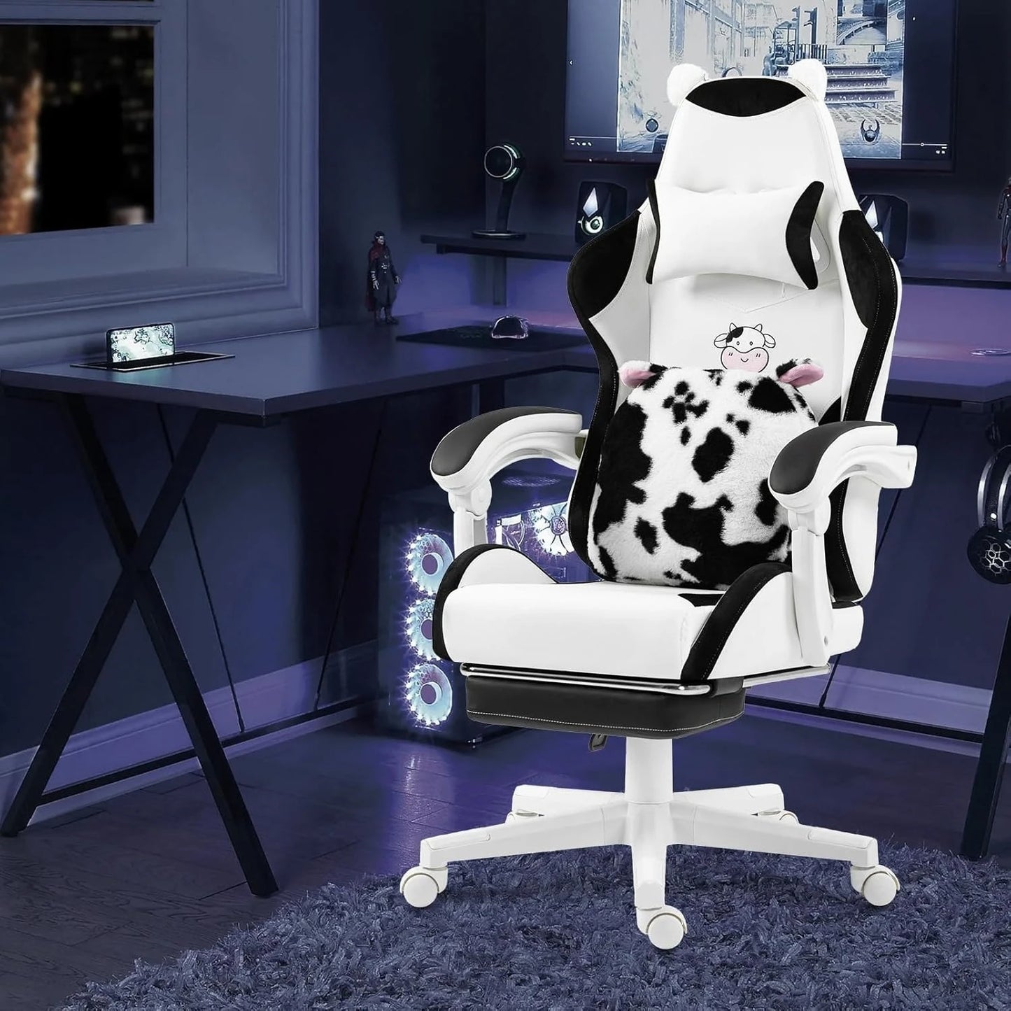 Cat, Dog, Cow Theme Gaming. Chair - Pink, Blue, Green , White PU Leather Ergonomic Reclining Office Chair with Footrest, 310lb Capacity, 6-Position, Customized Available in Multiple Colors.