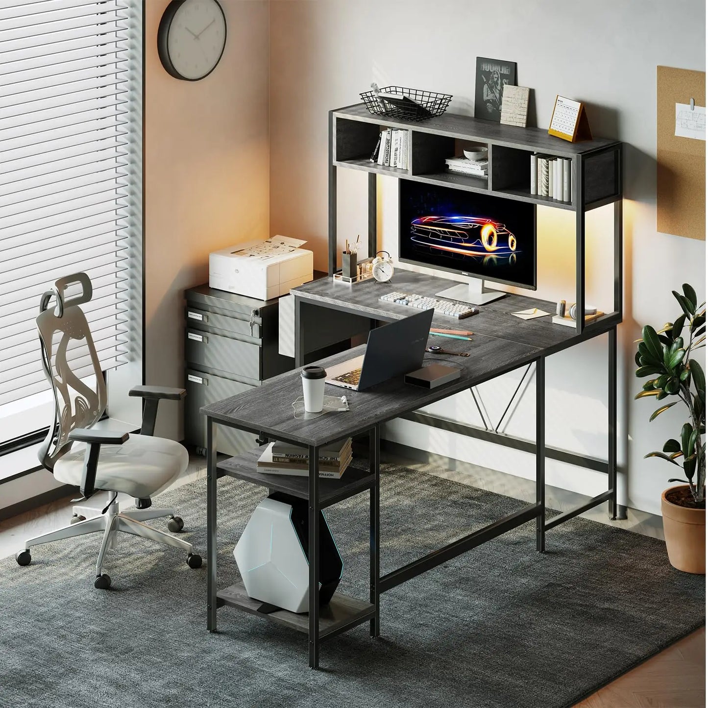 JHK 67in L-shaped gaming desk with gray wood finish, metal frame, top cubby storage, keyboard tray, LED lighting
