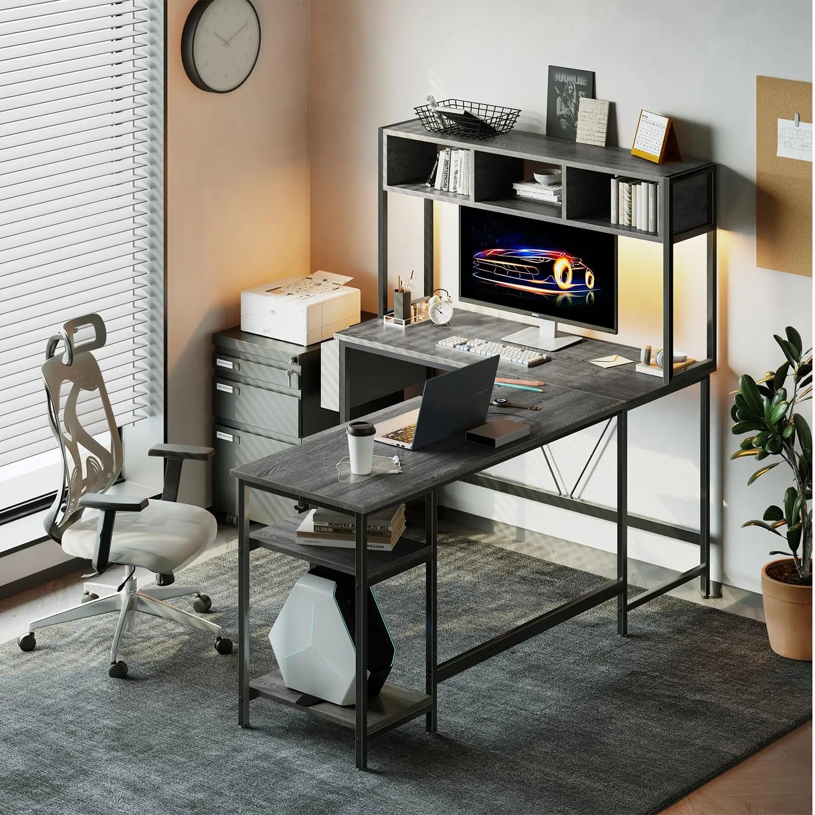 JHK 67in L-shaped gaming desk with gray wood finish, metal frame, top cubby storage, keyboard tray, LED lighting