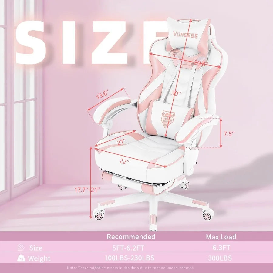Pink Gaming Chair for AdultsGirls Computer Chair with High Back Big and Tall Gaming Chairs with Footrest and Massage Reclining