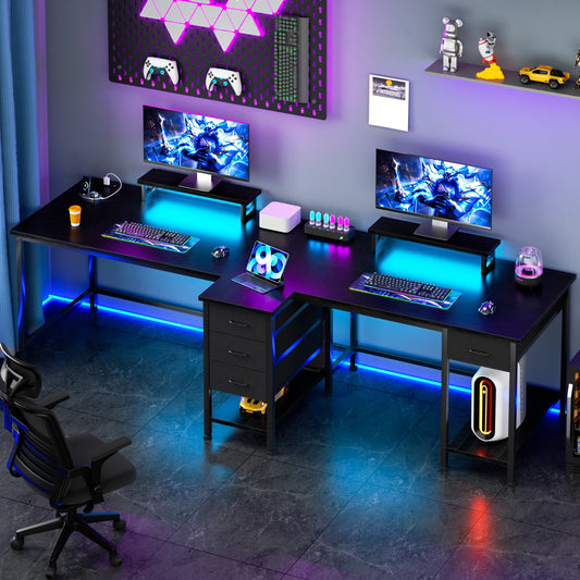 Satifur 93-inch two-person office desk with LED lighting and power sockets, dual-monitor setup