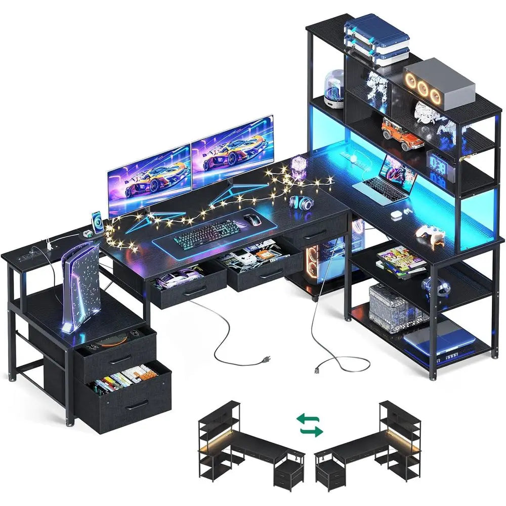 79 inch L Shaped Desk with 5 drawers, Reversible L Shaped Gaming Desk with LED Light & 2 Power Outlets, Computer Desk with Storage
