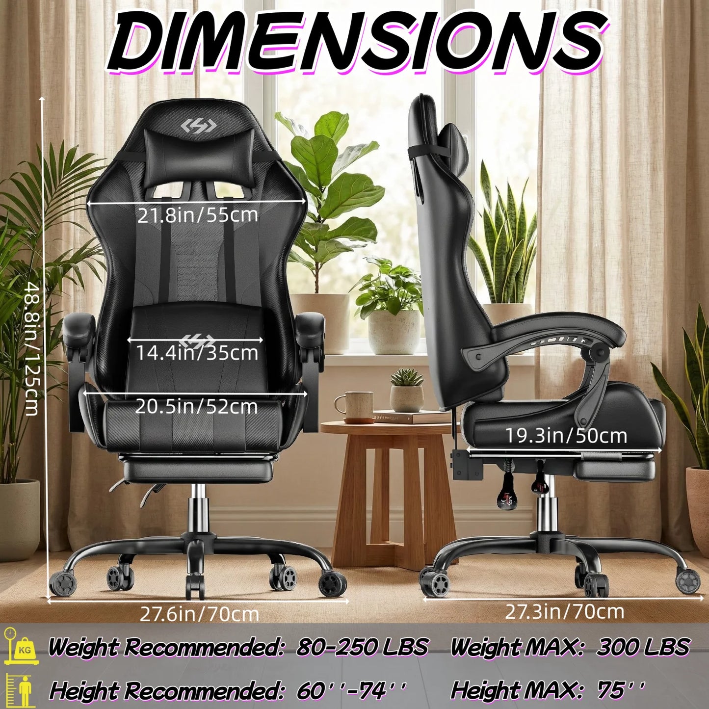 Ergonomic Gaming Chair, Lumbar Massage & Adjustable Headrest, Leather with Retractable Footrest and 360° Swivel, Multiple Colors