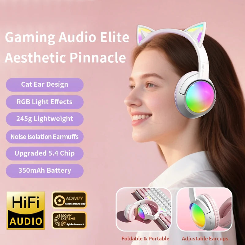 Cute Cat Ear RGB Wireless Headphones, Bluetooth 5.4, 350mAh Battery, 20H Playtime, Foldable Over-Ear Headset with Mic, HiFi Sound Multiple Colors
