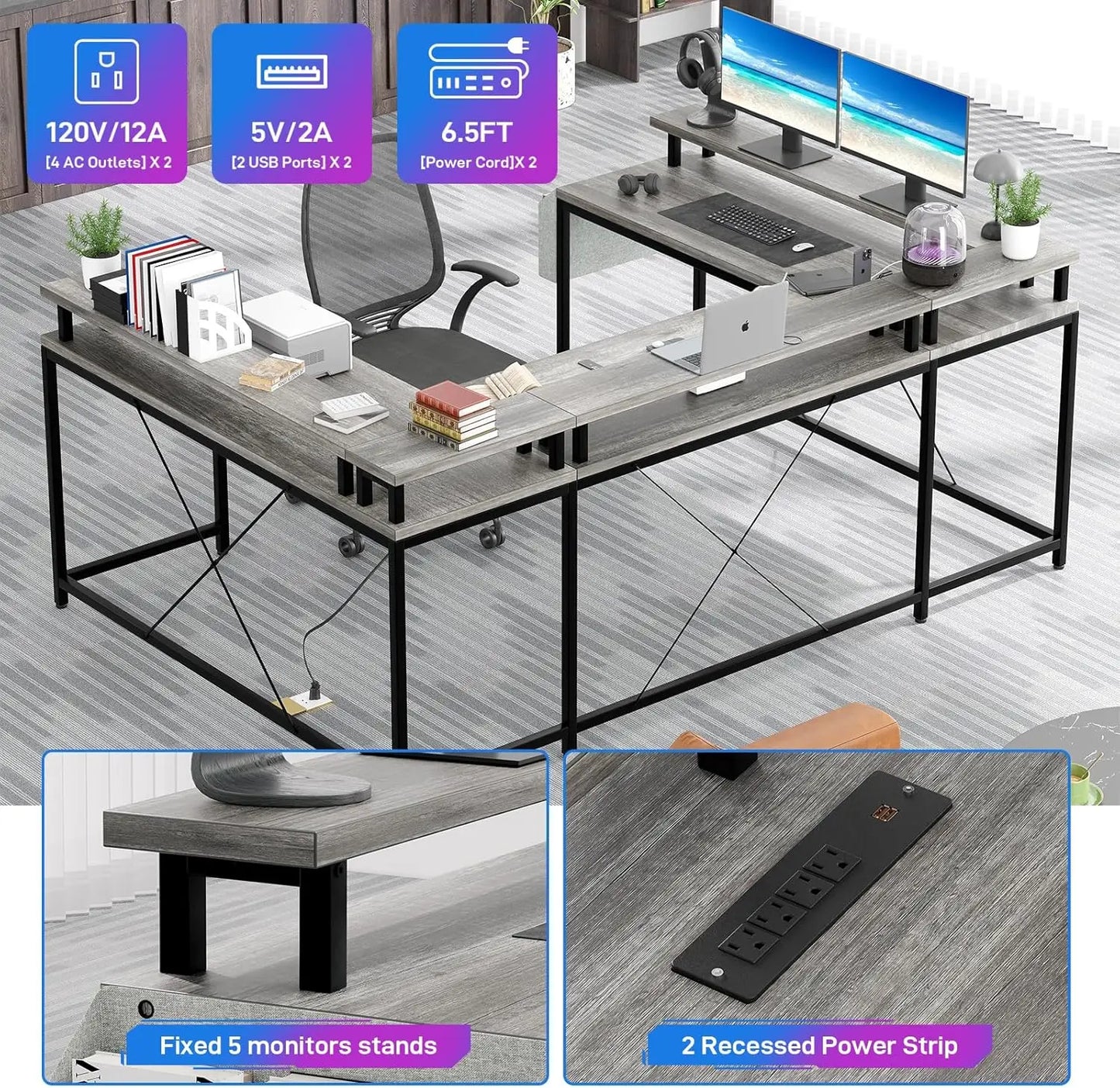 U Shaped Gaming Desk with Monitor Stand Storage Shelves, Corner Computer Desk with 2 Power Outlet Adjustable RGB Color LED Light