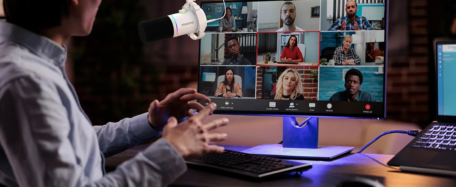 Maono PD200X dynamic RGB gaming microphone with USB/XLR dual mode on desk during video conference