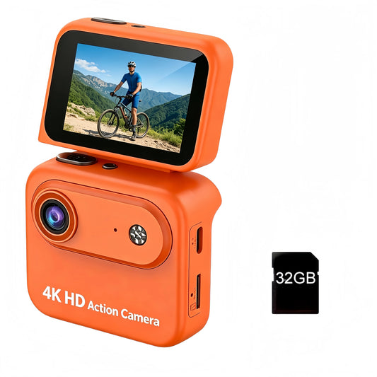4K HD action camera in orange with flip screen, front lens, and 32GB microSD card.