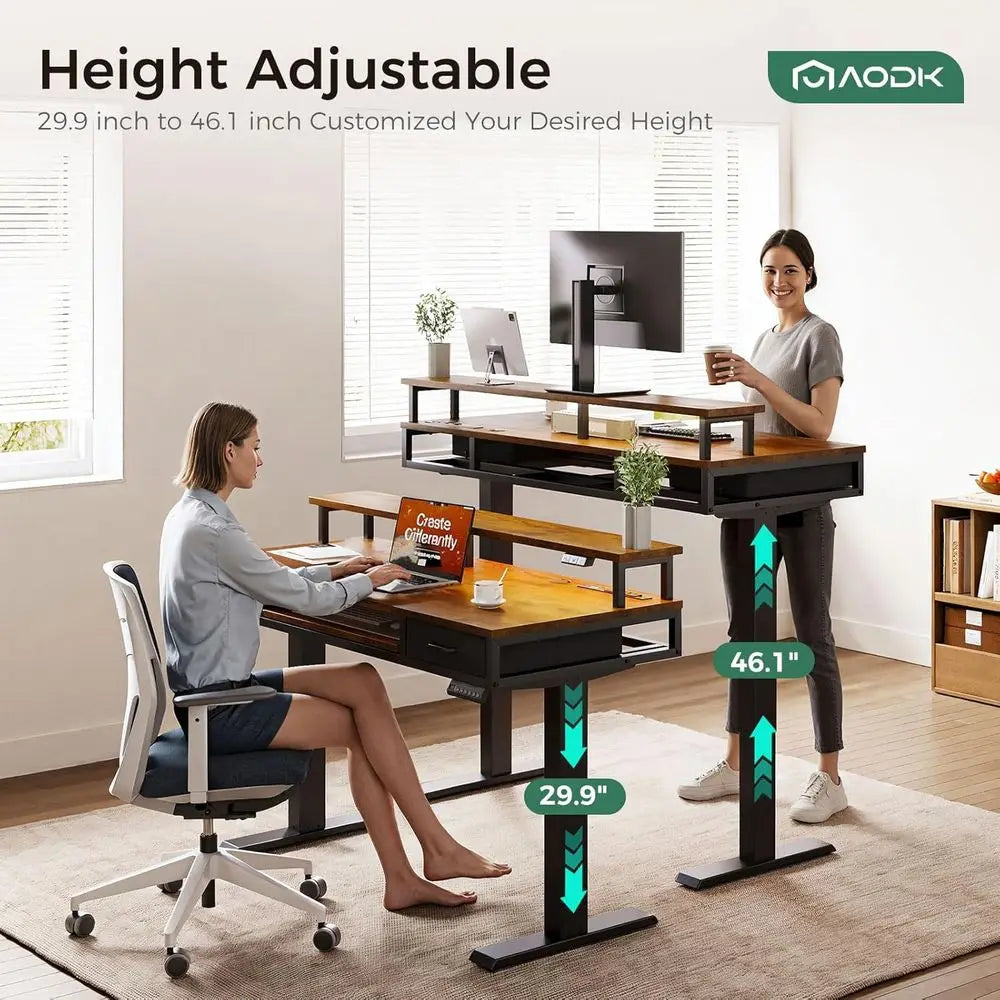 55 Height-Adjustable Standing Desk with Drawers, Keyboard Tray, Power Outlets, LED Lights, and Monitor Stand for Home or Office