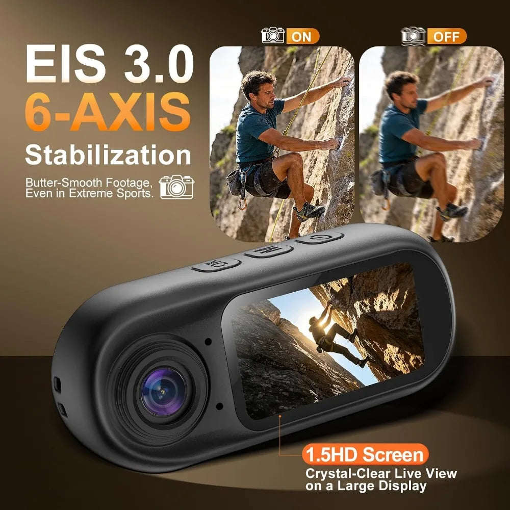 4K Body Camera, 1.5" Screen, 6-Axis Stabilization, WiFi/Bluetooth, Helmet/Sports POV Wearable