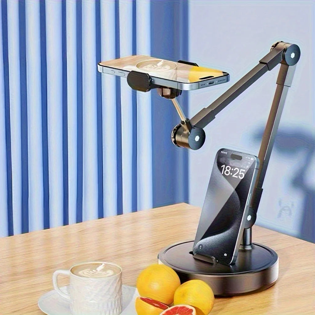 Adjustable metal phone desktop stand with ergonomic grip, matte black finish and round base