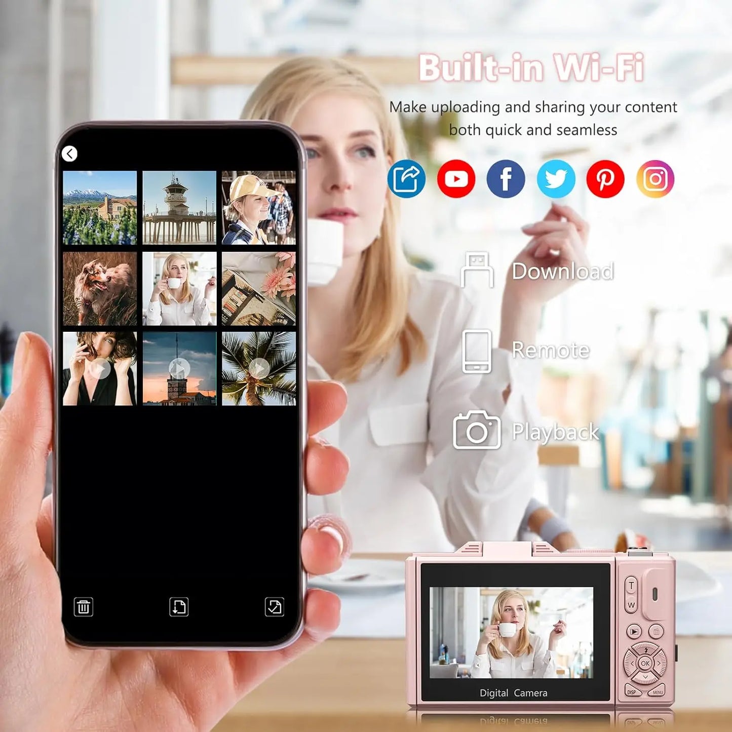 Pink 64MP Photo Capture 4K Digital Camera, 180° Flip Screen Vlogging Camera, WiFi-Enabled Compact Point-and-Shoot with 32GB Memory Card, Easy to Use for Beginners and Travelers,
