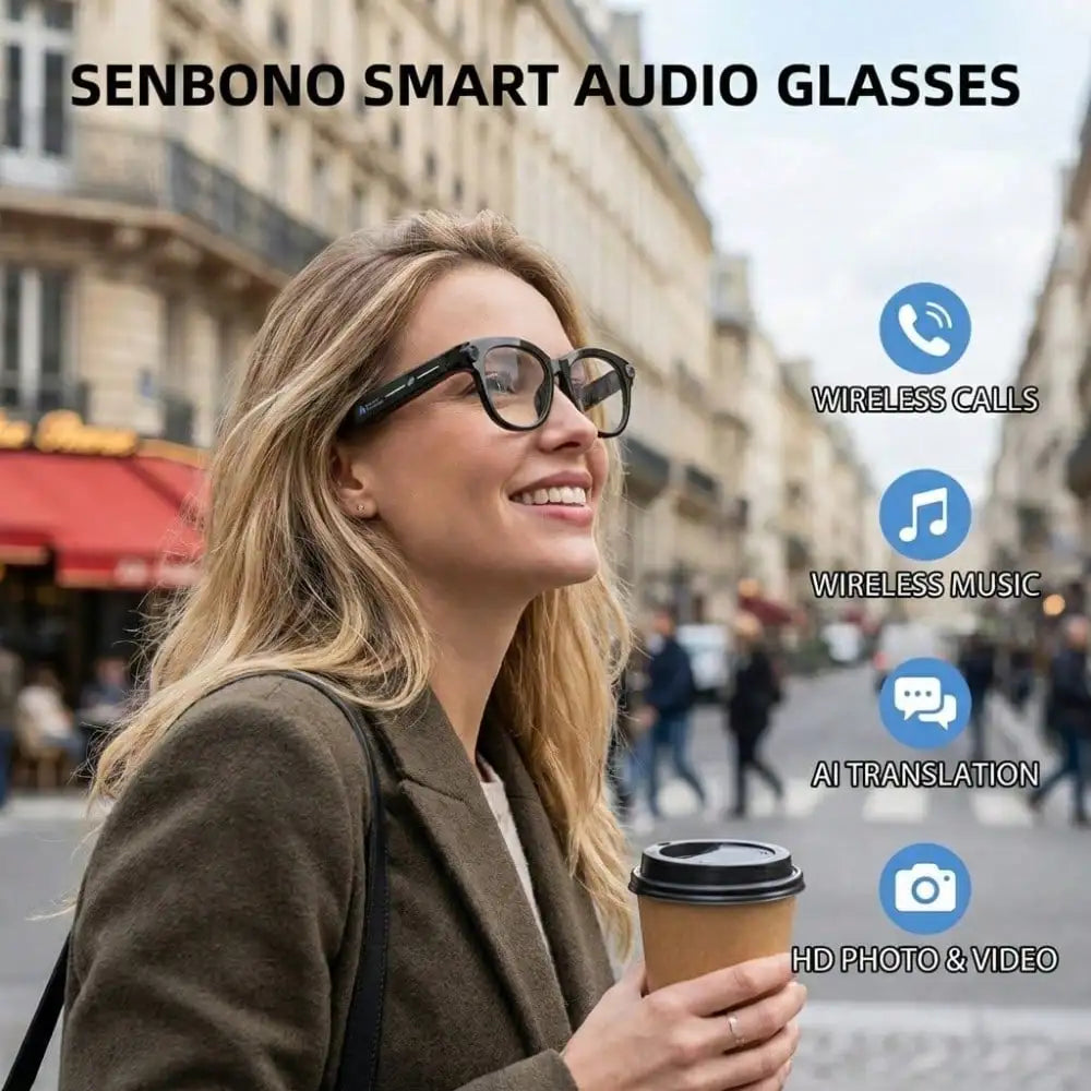 SENBONO New AI Smart Glasses for Men Women 2MP HD Camera 1080P 4K Video AI Voice Assistant Translator Music Playback Sunglasses