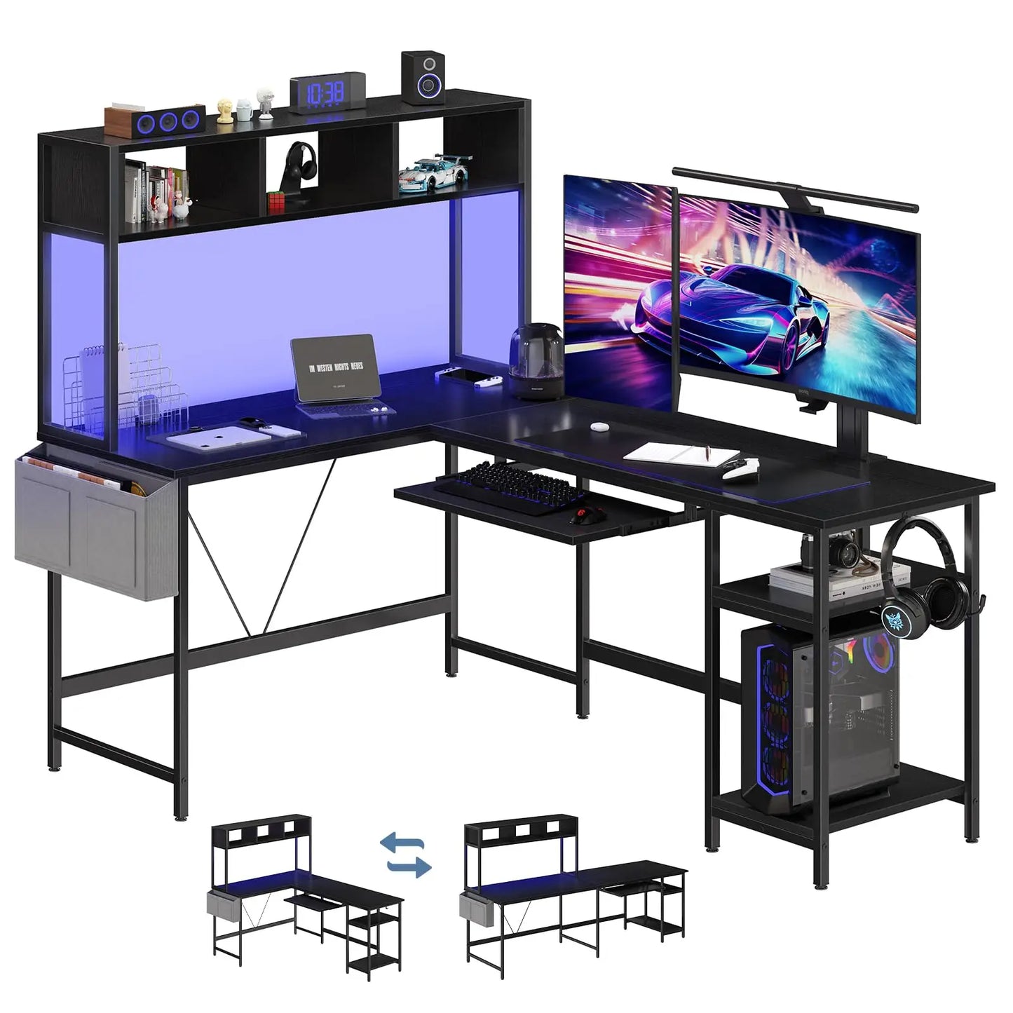 JHK 67-inch L-shaped gaming desk by Perfect Take Gear in black with LED lighting, keyboard tray and storage shelf